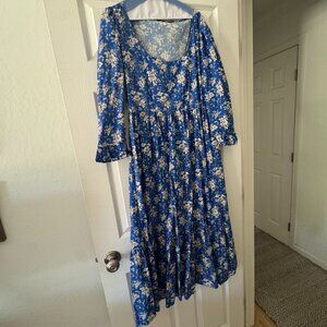Tuckernuck Pink City Prints Blue Floral Midi Dress – Size M – Boho Tiered Dress